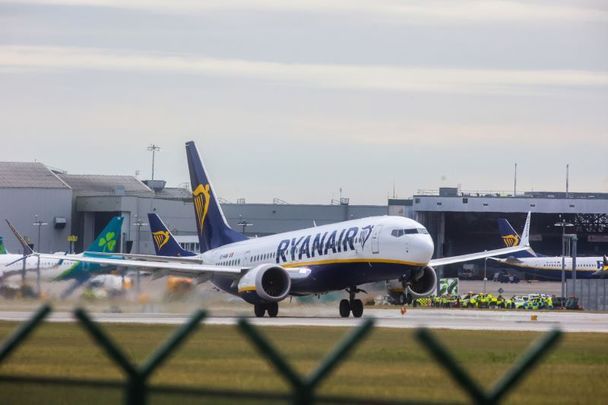 August 24, 2022: The first flight taking off from Dublin Airport\'s North Runway, which officially opened for use today. Ryanair flight FR1964 departed to Eindhoven airport.