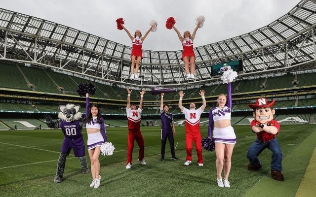 April 22, 2022: Cheerleaders from Northwestern University and the University of Nebraska in Dublin ahead of Aer Lingus College Football Classic tickets going on sale.