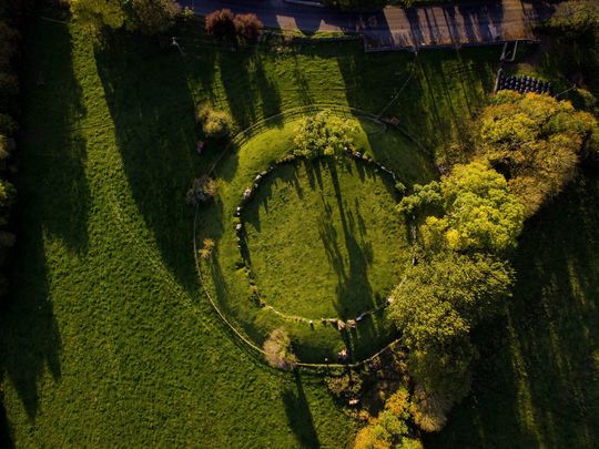 An aerial view of the Grange Stone Circle in Lough Gur, County Limerick.