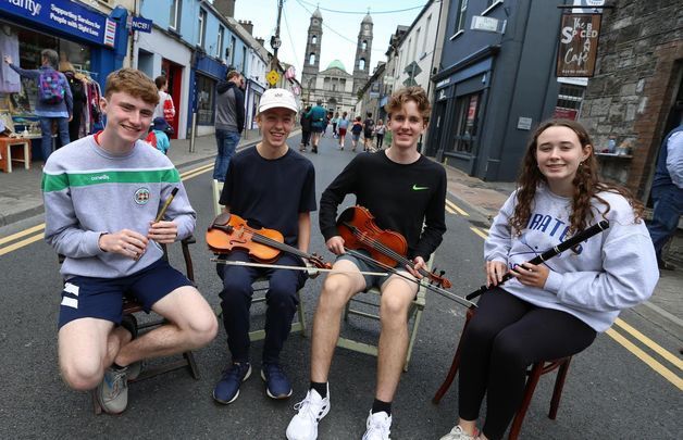 John Hannagan, August Miller, Sean Bohan, and Kiera Hayes from Rockland County, New York at the 2022 Fleadh Cheoil. 