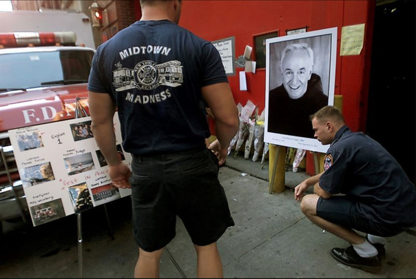 A memorial to Father Mychal Judge set up at his firehouse on Sept 13, 2001.