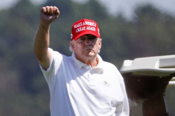September 13, 2022: Former US President Donald Trump gestures while golfing at Trump National Golf Club in Sterling, Virginia. 