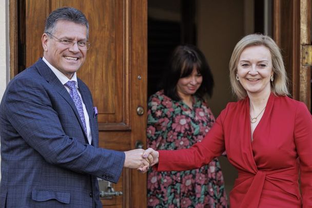 February 11, 2022: Vice President of the European Commission for Interinstitutional Relations and Foresight Maroš Šefčovič and UK Foreign Secretary Liz Truss shake hands outside No 1 Carlton Gardens in London, England. 