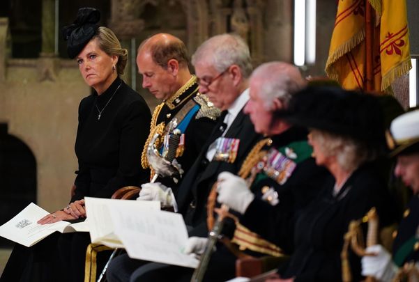 Sophie, Countess of Wessex, Edward, Earl of Wessex, Prince Andrew, Duke of York, King Charles III, Camilla, Queen Consort and Princess Anne, Princess Royal attend a Service of Prayer and Reflection for the Life of Queen Elizabeth II at St Giles\' Cathedral, on September 12, 2022, in Edinburgh, Scotland. 