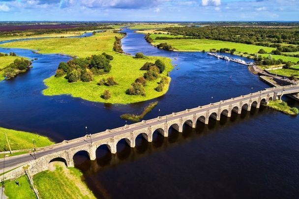 An aerial view of Shannonbridge on the River Shannon.