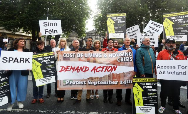 Sept 2022: Pictured outside Dáil Éireann this morning is the poster launch for the Pre-Budget Protest on the Cost of Living Crisis.