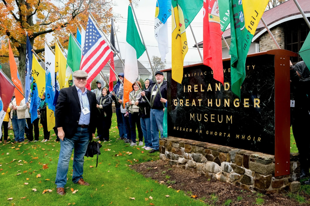 Irish Great Hunger Bord supporters protest its closure outside Ireland\'s Great Hunger Museum, with Turlough McConnell the Bord\'s Chair.