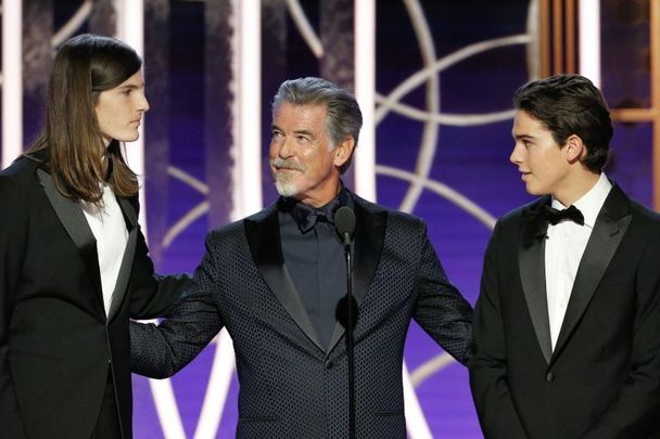 January 5, 2020:  Dylan Brosnan, father and actor Pierce Brosnan, Paris Brosnan speak onstage during the 77th Annual Golden Globe Awards at The Beverly Hilton Hotel in Beverly Hills, California. 