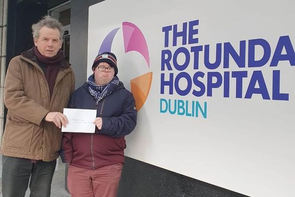 Irish Voice / IrishCentral columnist Michael O\'Dowd with his son Conor O\'Dowd at the Rotunda Hospital Dublin.