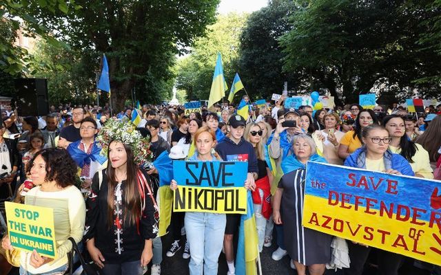 August 24, 2022: Members of the Ukrainian community in Ireland protesting outside the Ukrainian Embassy after marching from the GPO, on the date of both Ukrainian Independence Day and the six-month anniversary of the Russian invasion of Ukraine. 