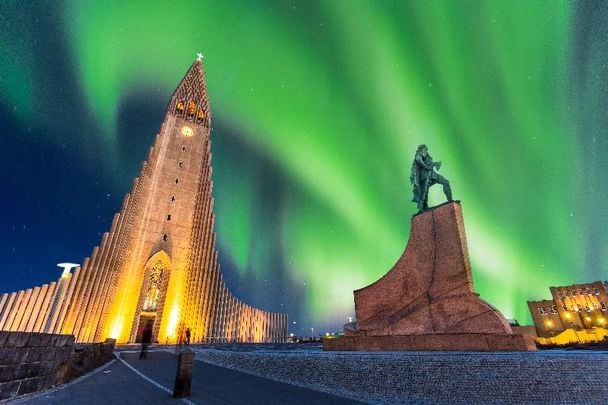 Aurora Borealis above Hallgrimskirkja Church in Reykjavik, the capital city of Iceland.