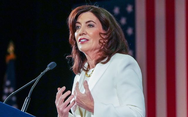 January 1, 2023: Governor Kathy Hochul takes the oath of office and delivers an inaugural address at the Empire State Plaza Convention Center in Albany, New York.