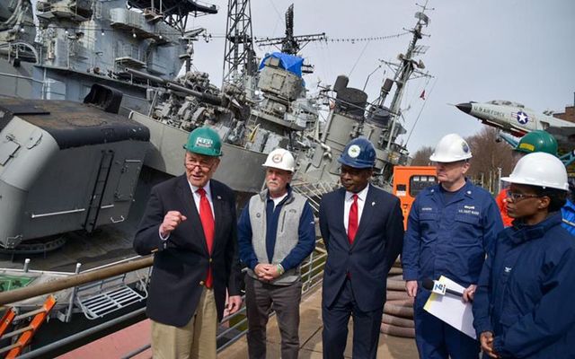 US Senate Majority Leader Charles E. Schumer in front of the USS The Sullivans in Buffalo, New York.