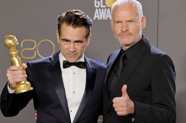 January 10, 2023: Colin Farrell and Martin McDonagh, winners of Best Picture - Musical/Comedy for \"The Banshees of Inisherin\", pose in the press room during the 80th Annual Golden Globe Awards at The Beverly Hilton in Beverly Hills, California.
