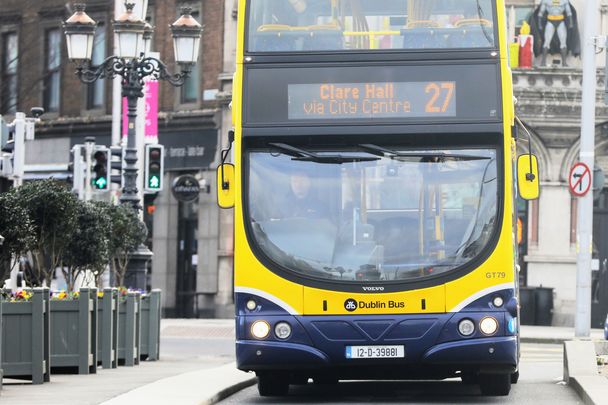 A Dublin Bus on O\'Connell Street in January 2022.