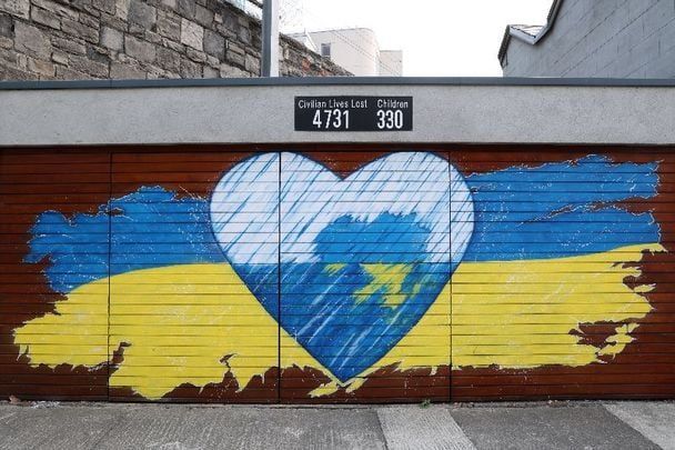 July 18, 2022: A Ukraine mural in Dublin showing the number of civilian losses during the war so far. 