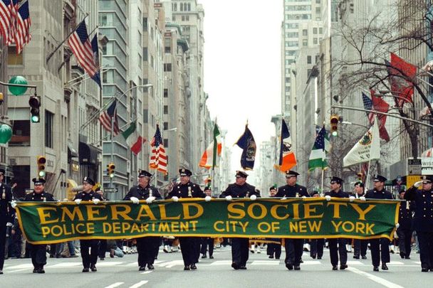 March 17, 2000:  New York City Police Department\'s Emerald Society marches up Fifth Avenue during the St. Patrick\'s day parade in New York City, New York.