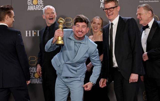 \"The Banshees of Inisherin\" cast pose in the press room during the 80th Annual Golden Globe Awards on January 10, 2023, after winning the Best Picture - Musical/Comedy category.