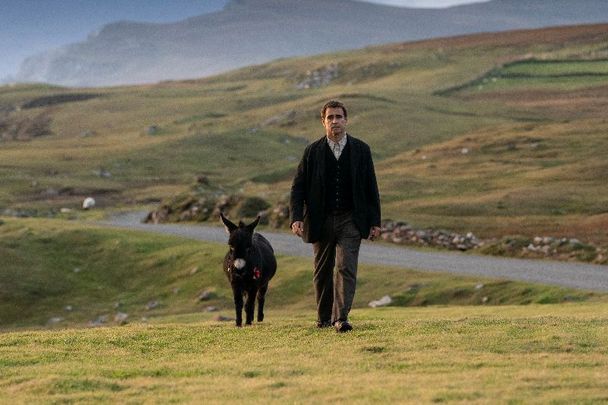 Colin Farrell and Jenny the donkey in \"The Banshees of Inisherin.\"