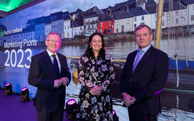 Niall Gibbons, Chief Executive of Tourism Ireland; Tourism Minister Catherine Martin; and Christopher Brooke, Chairman of Tourism Ireland, at the launch of Tourism Ireland’s 2023 marketing plans in Dublin.
