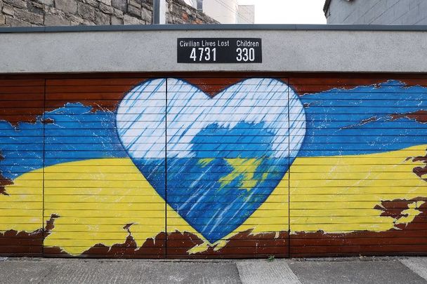 July 18, 2022: A Ukraine mural showing the number of civilian losses during the war so far in Dublin Near Google HQ.