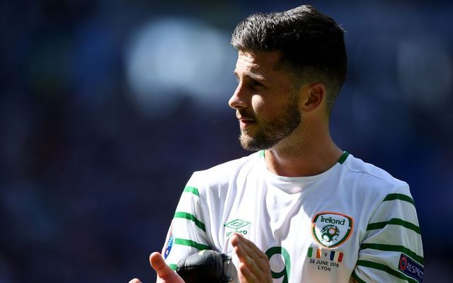 Shane Long sporting the FAI\'s current logo at Euro 2016. 