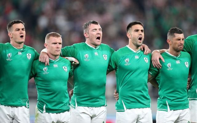 October 19, 2019: (L to R) Johnny Sexton, Keith Earls, Peter O\'Mahony, Conor Murray, and Rob Kearney sing the Irish national anthem prior to the Rugby World Cup 2019 Quarter Final match between New Zealand and Ireland at the Tokyo Stadium in Chofu, Tokyo, Japan.