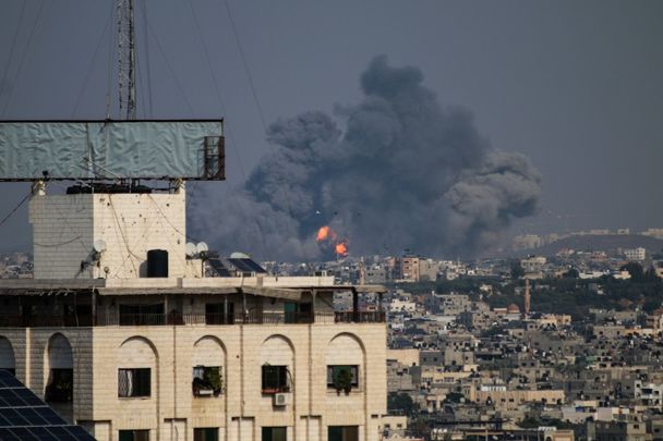 Smoke rises from the Israeli raids on October 8, 2023, in Gaza City.