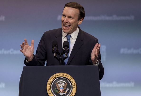 Sen. Chris Murphy (D-CT) speaks before introducing President Joe Biden during the National Safer Communities Summit at the University of Hartford on June 16, 2023.