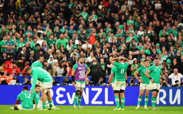 Ireland players look dejected following the team\'s defeat during the Rugby World Cup France 2023 Quarter Final match between Ireland and New Zealand at Stade de France on October 14, 2023 in Paris, France.