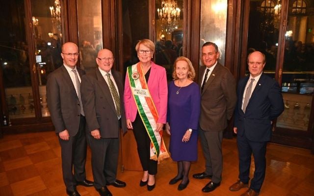 (LtoR) Sean Lane NYC St Patrick\'s Parade Chairman, Tommy Smyth 2008 Grand Marshal, Maggie Timoney 2024 Grand Marshal ,  Loretta Brennan Glucksman 2018 Grand Marshal, Kevin Conway 2023 Grand Marshal, Hilary Beirne Parade CAO and St Patrick\'s Day NYC Foundation Chairman