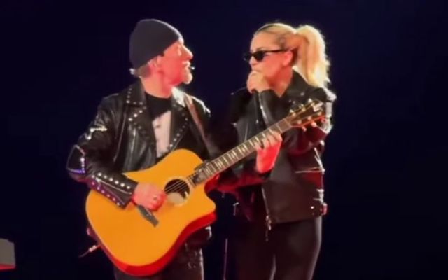Fan footage of Lady Gaga with U2\'s The Edge on stage in Las Vegas.
