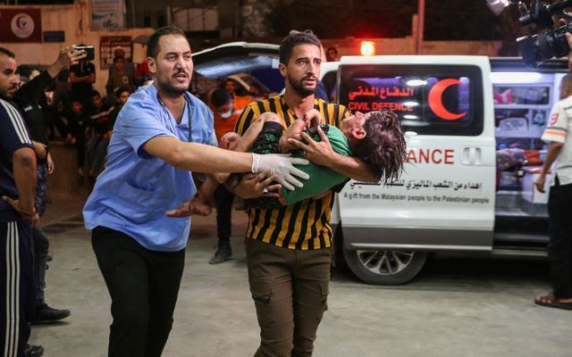 October 27, 2023: Palestinians injured in Israeli air raids arrive at Nasser Medical Hospital in Khan Yunis, Gaza.