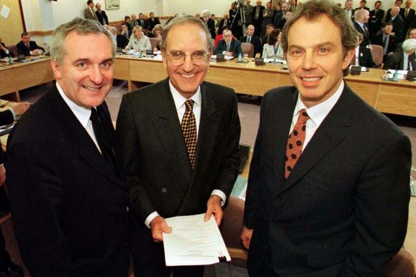 April 10, 1998: Taoiseach Bertie Ahern, US Senator George Mitchell and British Prime Minister Tony Blair at Castle Buildings Belfast, after they signed the Good Friday Agreement.