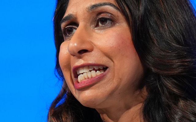 October 3, 2023: Britain\'s Home Secretary Suella Braverman delivers her speech on the third day of the Conservative Party Conference in Manchester, England.