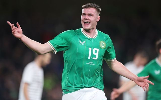 March 22, 2023: Evan Ferguson of Republic of Ireland celebrates after scoring the team\'s second goal during the International friendly match between Republic of Ireland and Latvia at Aviva Stadium in Dublin, Ireland.