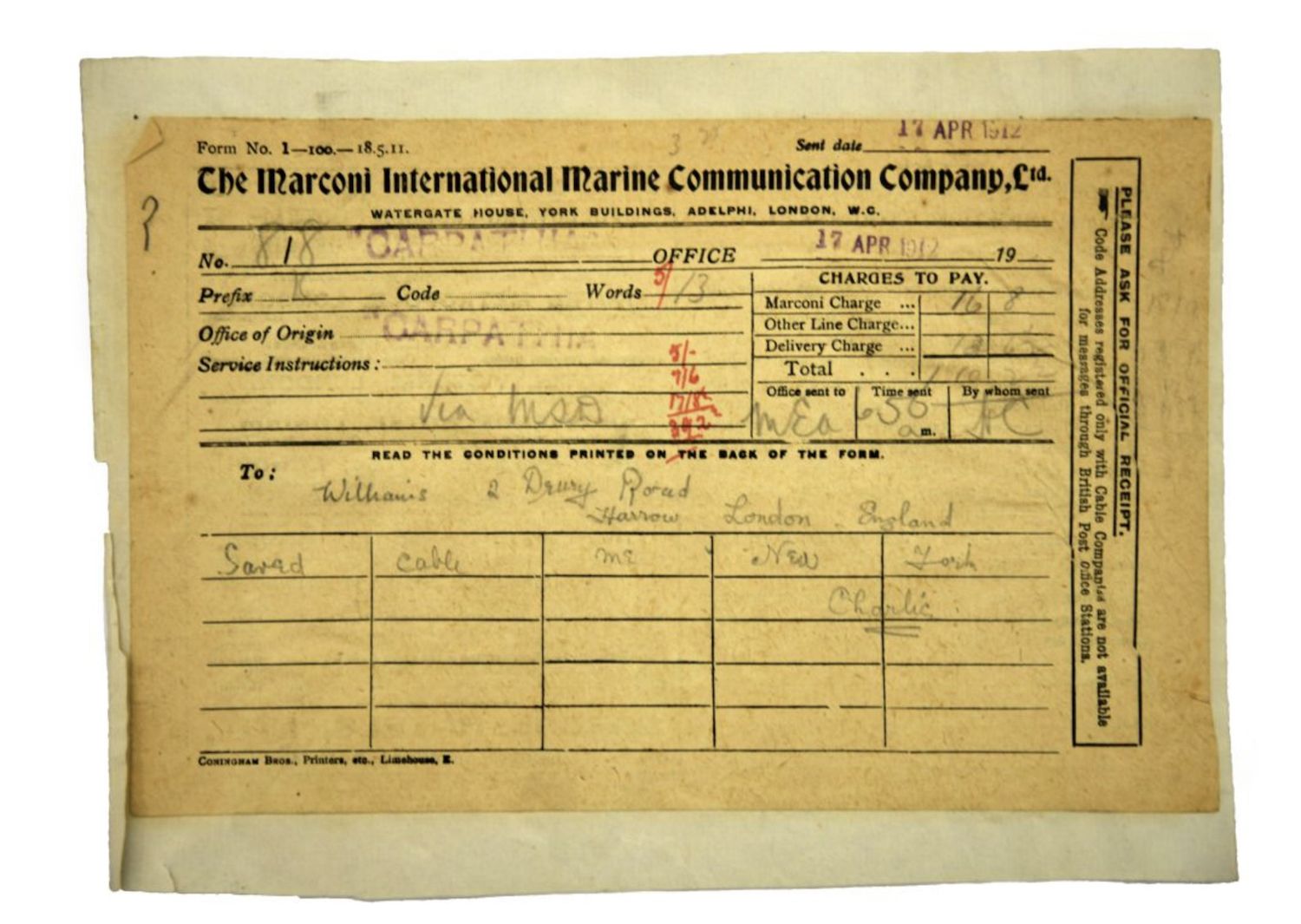 Titanic survivor messages from the Carpathia among treasures up for auction