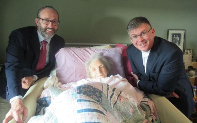Rev Richie Cronin, minister of Trinity Cork and Aghada Presbyterian Churches, with the Moderator of the Presbyterian Church in Ireland, Rt Rev Dr Sam Mawhinney, with Ireland\'s oldest person, Kitty Jeffery.