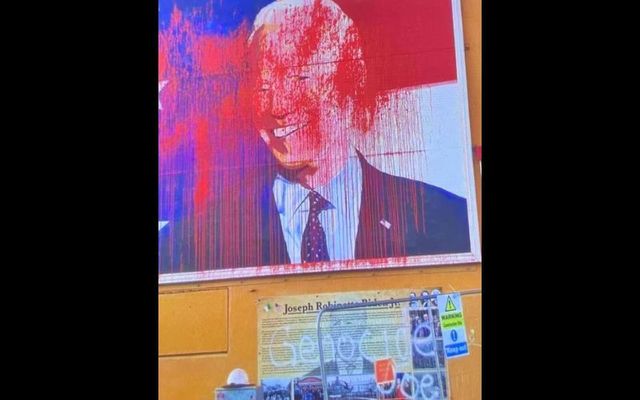 A mural of US President Joe Biden in Ballina, Co Mayo was daubbed with red paint while \"Genocide Joe\" was scrawled on it.