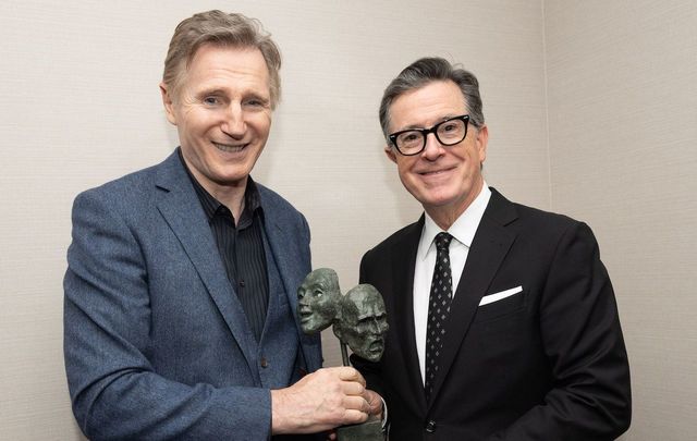 Irish Arts Centre Gala 2023: Honorary Co-Chair Liam Neeson with Stephen Colbert who was bestowed with the Spirit of Ireland Award.