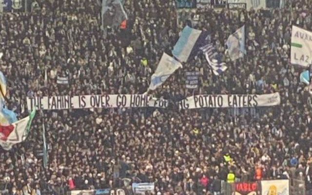 November 28, 2023: One of the anti-Irish banners hoisted by Lazio supporters during a match against Celtic in Rome.