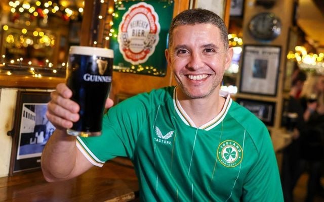 December 6, 2023: Caio Benicio raises a pint in The Ferryman pub in Dublin.