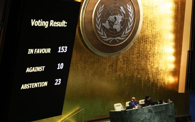 December 12, 2023:  The results of a draft resolution vote on-screen during the UN General Assembly\'s emergency special session on the Israel-Hamas war at the United Nations headquarters in New York City.