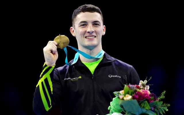 October 7, 2023: Gold medalist Rhys McClenaghan of Team Ireland during the medal ceremony for the Men\'s Pommel Horse Final on Day Eight of the 2023 Artistic Gymnastics World Championships at Antwerp Sportpaleis in Antwerp, Belgium.