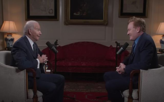 US President Joe Biden and Conan O\'Brien recording for the \"Conan O\'Brien Needs a Friend\" podcast in The White House.