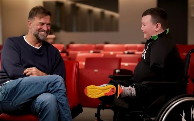 Dáire Gorman chats with Jürgen Klopp at Liverpool FC\'s AXA Training Centre.