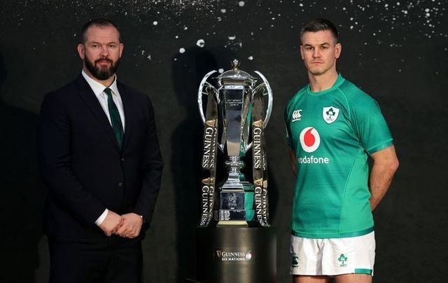 January 23, 2023: Andy Farrell, (L) the Ireland head coach, with Johnny Sexton, the captain of Ireland poses alongside the Guinness Six Nations trophy during the 2023 Guinness Six Nations Media Launch at London County Hall in London, England. 