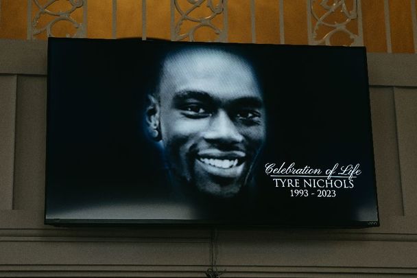 February 1, 2023:  A screen at the entrance of Mississippi Boulevard Christian Church displays the celebration of life for Tyre Nichols in Memphis, Tennessee.