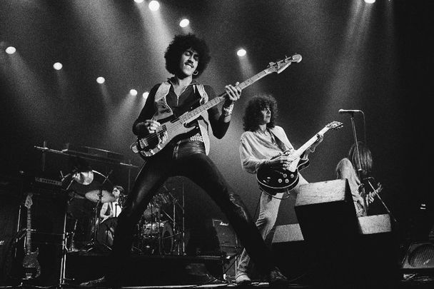 June 22, 1978: Phil Lynott (1949-1986), bassist and singer with rock band Thin Lizzy, playing the bass guitar on stage during a live concert performance at Wembley Empire Pool, London, England, Great Britain.