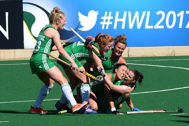 Lizzie Colvin of Ireland celebrates with her teammates during day 8 of the FIH Hockey World League Women\'s Semi-Finals 7th-8th place match between India and Ireland at Wits University on July 22, 2017, in Johannesburg, South Africa.